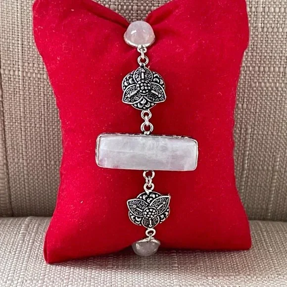 Women Handmade Bracelet Silver Tone Real Rainbow Moonstone Wrist Band Jewelry - Picture 3 of 12